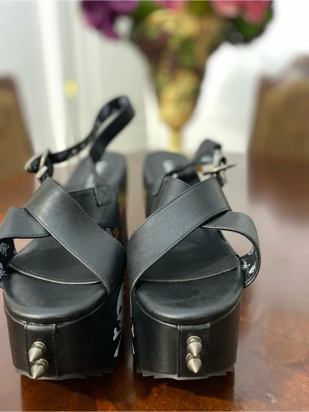 Lamo Black Platform Sandals with Red & Yellow Flame and Skull Detail